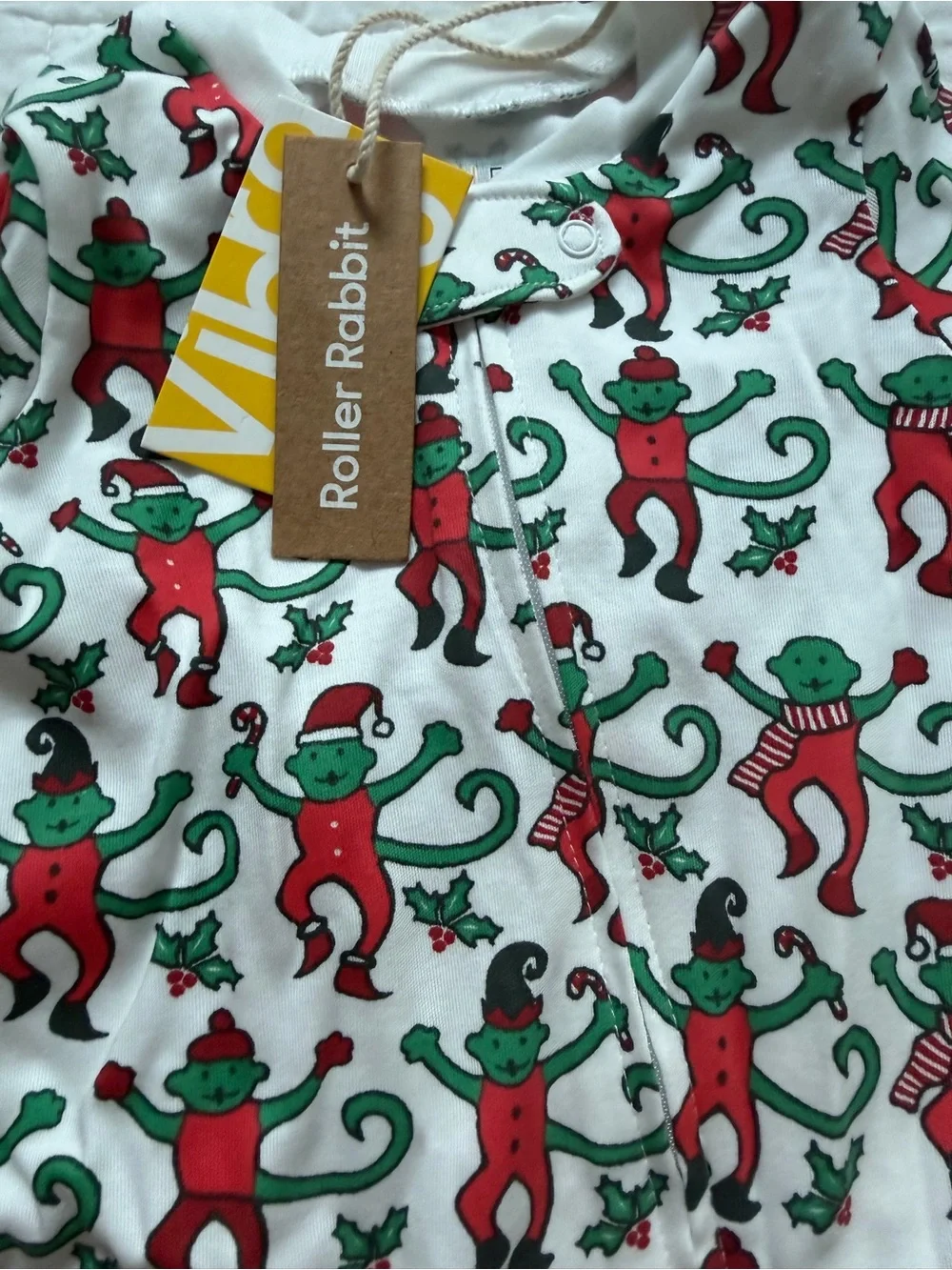Roller Rabbit White One-Piece Pajamas with Red & Green Monkey Print
